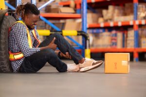 Man at work in warehouse, sitting on floor and holding his knee in pain after experiencing a personal injury