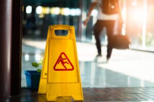 Wet floor sign with person walking in the background